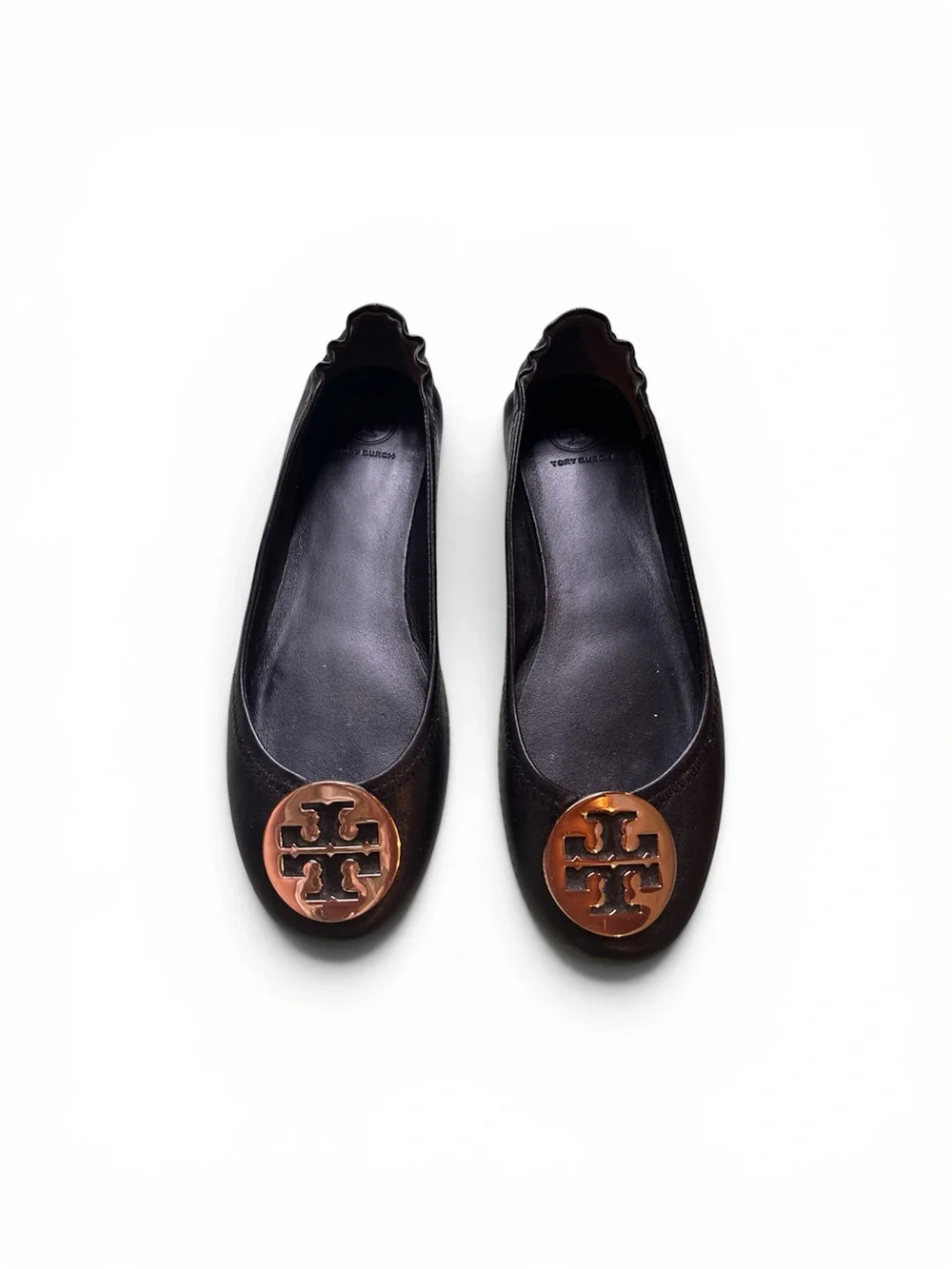 Tory Burch Black Leather Flats with Gold Logo Medallion